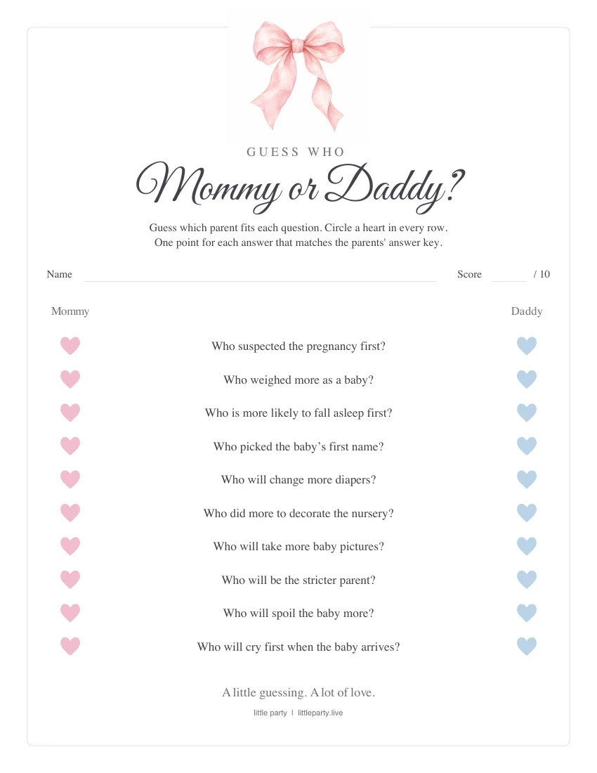 Printable Mommy or Daddy game sheet with a blush bow, script title, ten questions, and pink Mommy and blue Daddy hearts to circle.